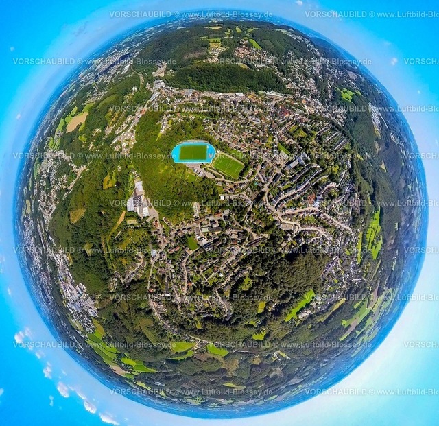 Ennepetal230890018 Mitte Bremenplatz | Luftbild, Bremenstadion Bremenplatz, Ortsansicht Ennepetal-Mitte Berninghausen, Erdkugel, Fisheye Aufnahme, Fischaugen Aufnahme, 360 Grad Aufnahme, Milspe, Ennepetal, Ruhrgebiet, Nordrhein-Westfalen, Deutschland