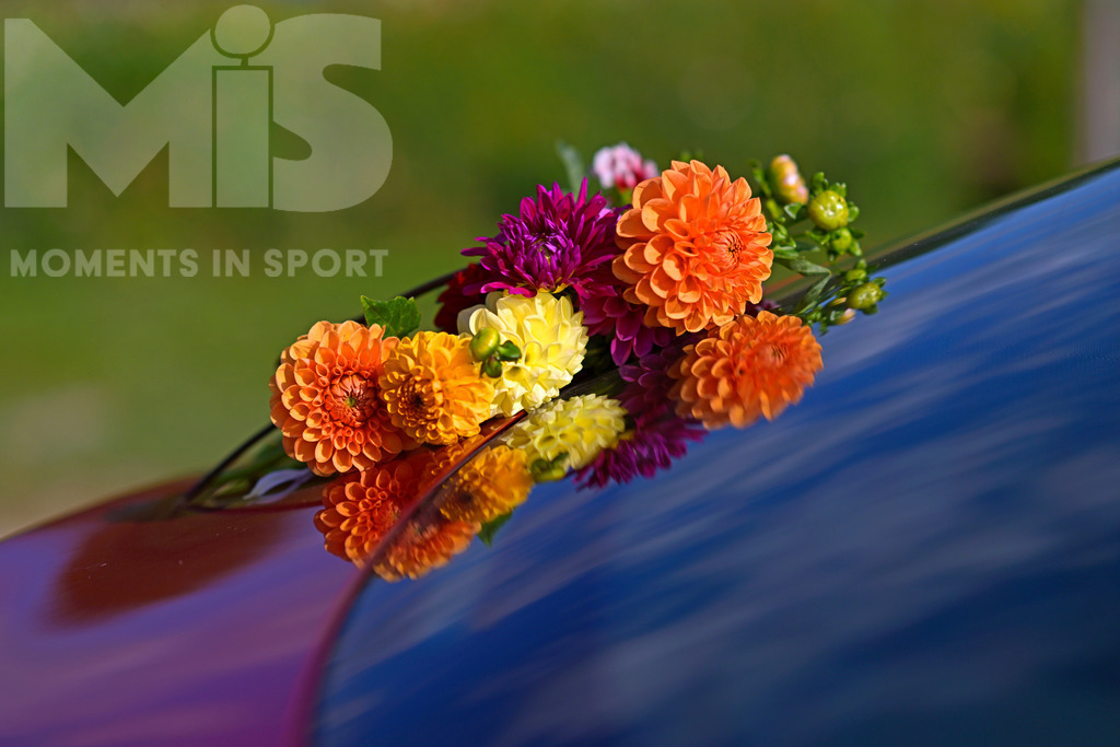 MIS_220918cm095 | 04.09.2022,  Bad Wörishofen Blumen im Spätsommer. Blumenmeer mit Dahlien (Dahlia) an einem Blumenfeld zum selberschneiden im Osten der Kneippstadt Bad Wörishofen, stehen die verschiedensten Sorten in herrlicher Blüte, für die Kunden zum selberschneiden und anschliessender Bezahlung.  Ein Strauss liegt schon auf der Windschutzsscheibe eines Autos. - Realisiert mit Pictrs.com