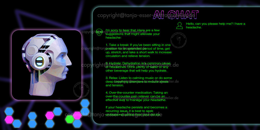 AI Chat englisch D | Fiktive Chat Oberfläche für Unterhaltungen mit Chat KI. Links ist ein Roboter aus Polygonen. Rechts sind die Textnachrichten. Die Texte sind in Englisch. Es geht um Tipps gegen Kopfschmerzen.