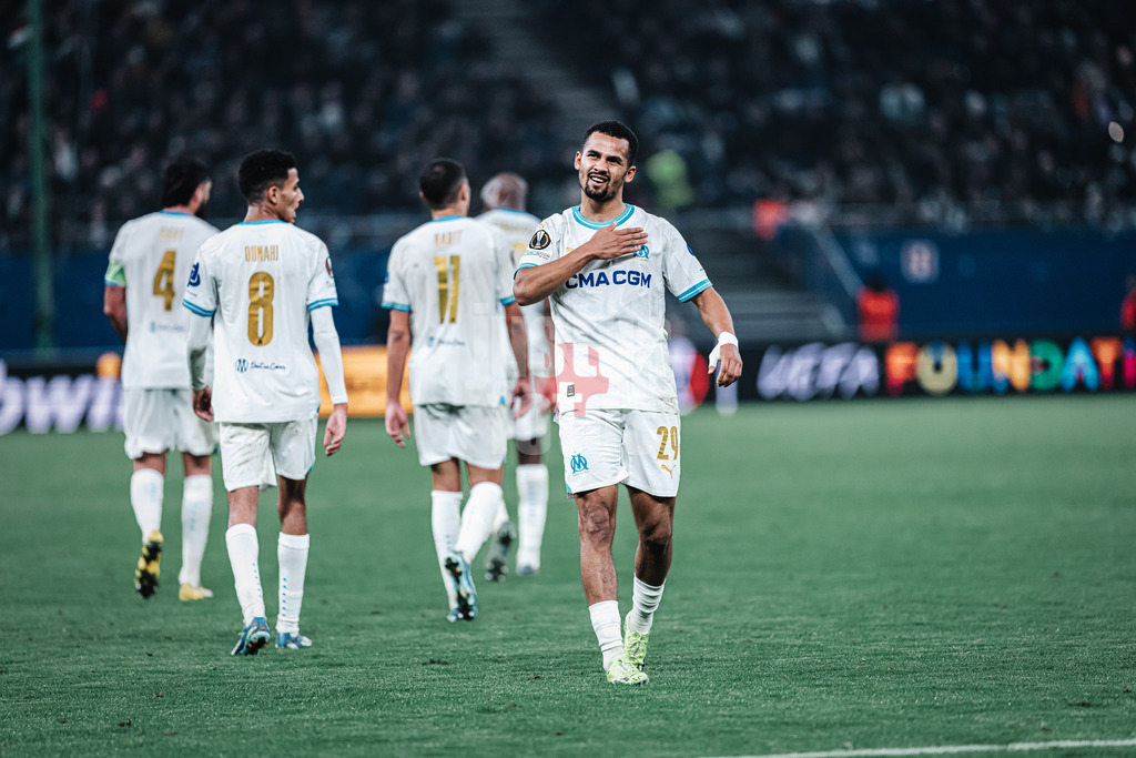 Fußball | Herren | Saison 2023/2024 | Play-Offs Europa League | FC Shakhtar Donetsk (UKR) vs. Olympique Marseille (FRA) | 15.02.2024 | Iliman Ndiaye (#29, Olympique Marseille) beim Torjubel