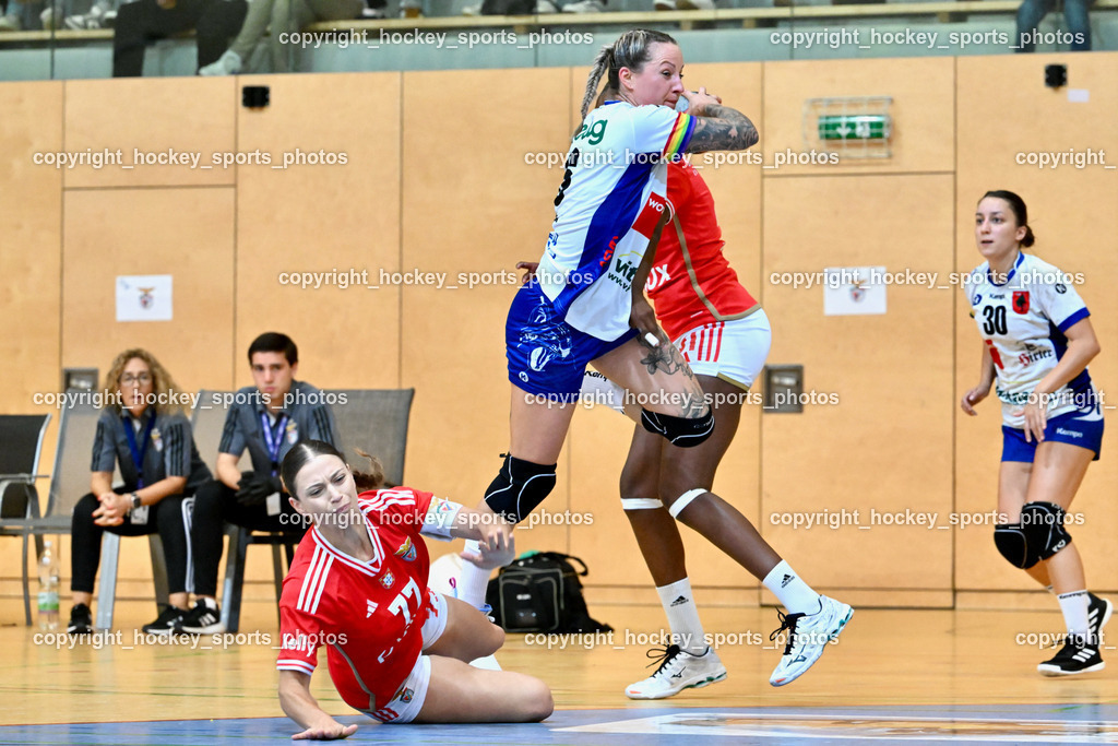 SC Ferlach vs. Sport Lisboa Benfica 30.9.2023 | #77 MINCIUNA Minaela Oana Sport Lisboa Benfica, #6 KAVALAR Anna-Maria SC Ferlach, #30 LJUBIC Lena SC Ferlach, SC Ferlach vs. Sport Lisboa Benfica 30.9.2023, SC Ferlach vs. Sport Lisboa Benfica am 30.09.2023 in Ferlach (Ballspielhalle Ferlach), Austria, (Photo by Bernd Stefan)