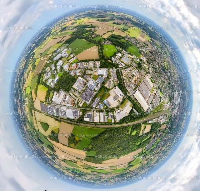 Ahlen230890086 Gewerbegebiet Ost | Luftbild, Gewerbegebiet Ost, Kruppstraße, Erdkugel, Fisheye Aufnahme, Fischaugen Aufnahme, 360 Grad Aufnahme, tiny world, Ahlen, Ruhrgebiet, Nordrhein-Westfalen, Deutschland
