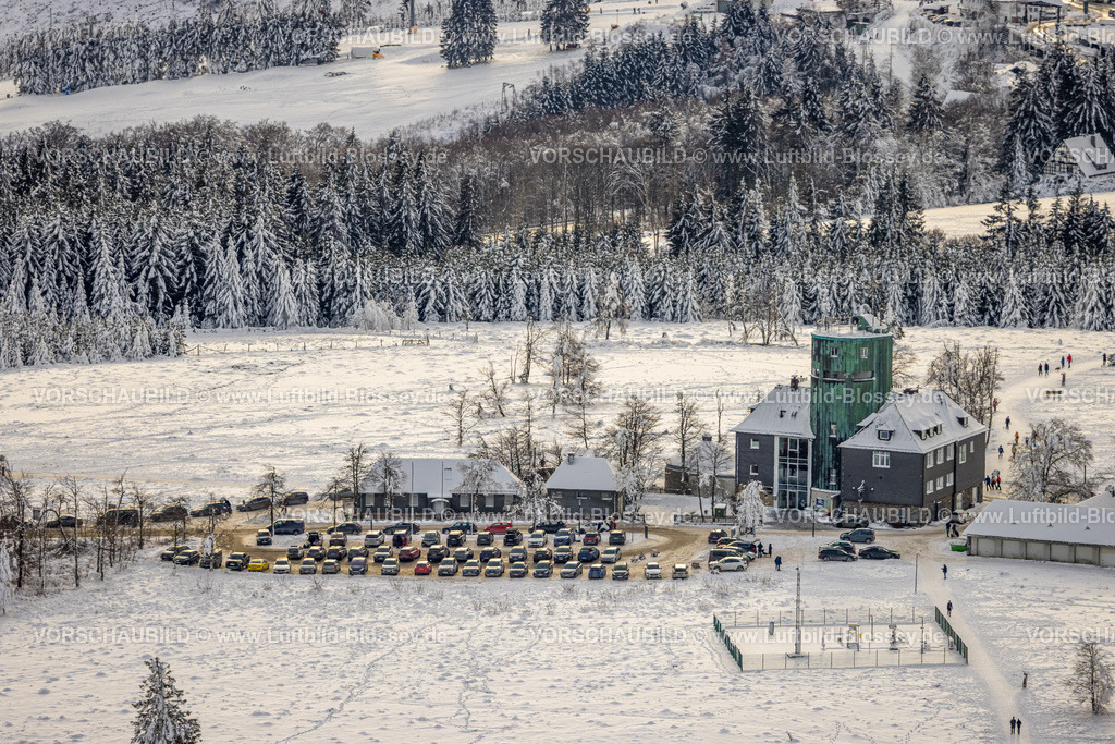 Winterberg221201161 | Luftbild Kahler Asten und Astenturm, Winterwunderland in Winterberg im Sauerland, am Kahlen Asten und den Skiabfahrten und dem Skilift-Karussell Winterberg, Abenrot, Winterberg, Sauerland, Nordrhein-Westfalen, Deutschland