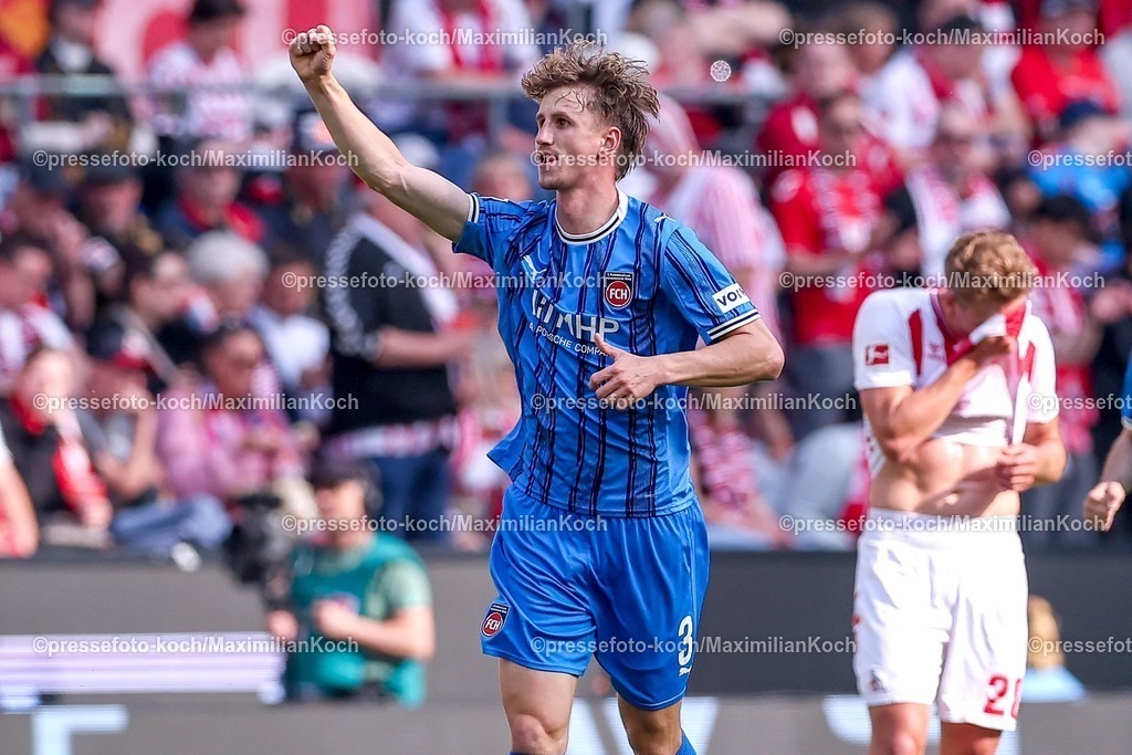 1FC10052601024 | 10.05.2026, Fußball, 1. FC Köln - 1. FC Heidenheim, 1. Fußball Bundesliga Herren, 33. Spieltag, RheinEnergie-STADION, Saison 2025 / 2026: Torjubel nach dem Tor zum 1:0 durch Torschütze Jan Schöppner (FC Heidenheim #03)   DFB regulations prohibit any use of photographs as image sequences and or quasi-video.