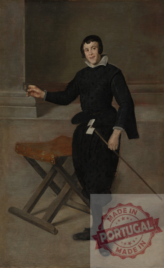 Diego Velazquez Diego Velázquez jester smiling and holding a rattle | Young man dressed in black holding a rattle and stick, smiling joyfully - Realized with Pictrs.com