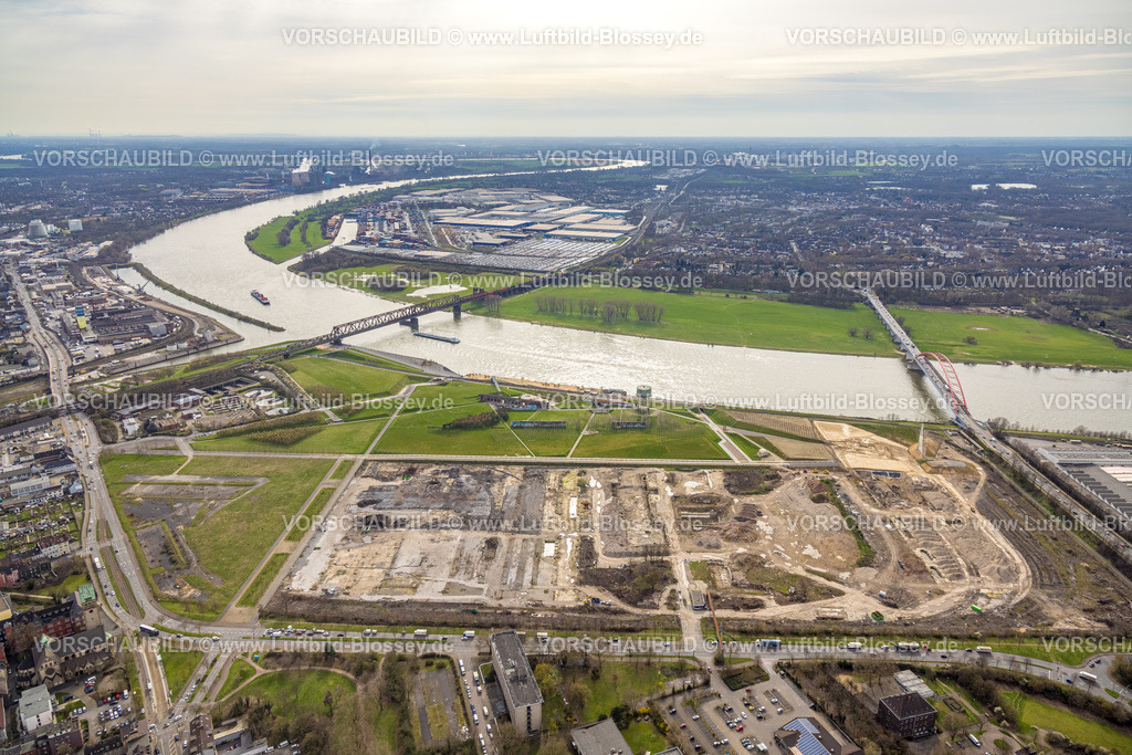 Duisburg230302032 | Luftbild, Rheinpark Duisburg am Fluss Rhein und geplante Wohnanlage RheinOrt Hochfeld, Brücke der Solidarität und Hochfelder Eisenbahnbrücke über den Fluss Rhein, künftiges IGA-Gelände, Hochfeld, Duisburg, Ruhrgebiet, Nordrhein-Westfalen, Deutschland