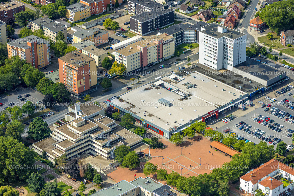 Hamm250700205Bockum-Hoevel | Luftbild, Rathaus-Center und Höveler Markt, Parkplätze, Bürgeramt Terrassenhaus und Hochhaus Siedlung, Bockum-Hövel, Hamm, Ruhrgebiet, Nordrhein-Westfalen, Deutschland