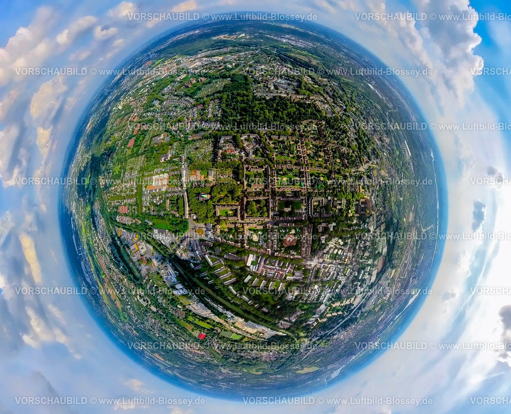 Duisburg240890006SieveneckKleingarten | Luftbild, Dichterviertel, St. Norbert Kirche Russisch-Orthodoxe Kirchengemeinde zu Duisburg, KGV Kleingartenanlage Am Goetheplatz, Kleingartenverein Alte Buche e.V., Nordfriedhof, Neubaugebiet Halfmannshof, Erdkugel, Fisheye Aufnahme, Fischaugen Aufnahme, 360 Grad Aufnahme, tiny world, little planet, fisheye Bild, Neumühl, Duisburg, Ruhrgebiet, Nordrhein-Westfalen, Deutschland