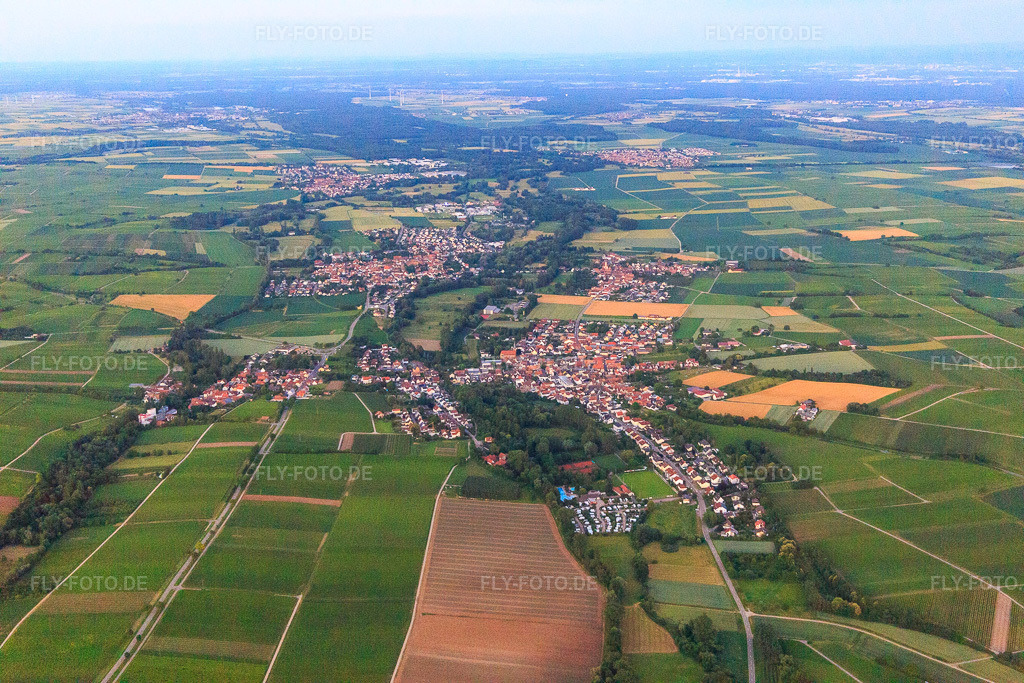 Luftbild: Ortsansicht am Klingbachtal im Abendlicht aus Westen im Ortsteil Billigheim in Billigheim-Ingenheim im Bundesland Rheinland-Pfalz in Deutschland. Foto: IMG_115608.jpg vom 21.06.2019 durch Werner Riehm/FLY-FOTO.de