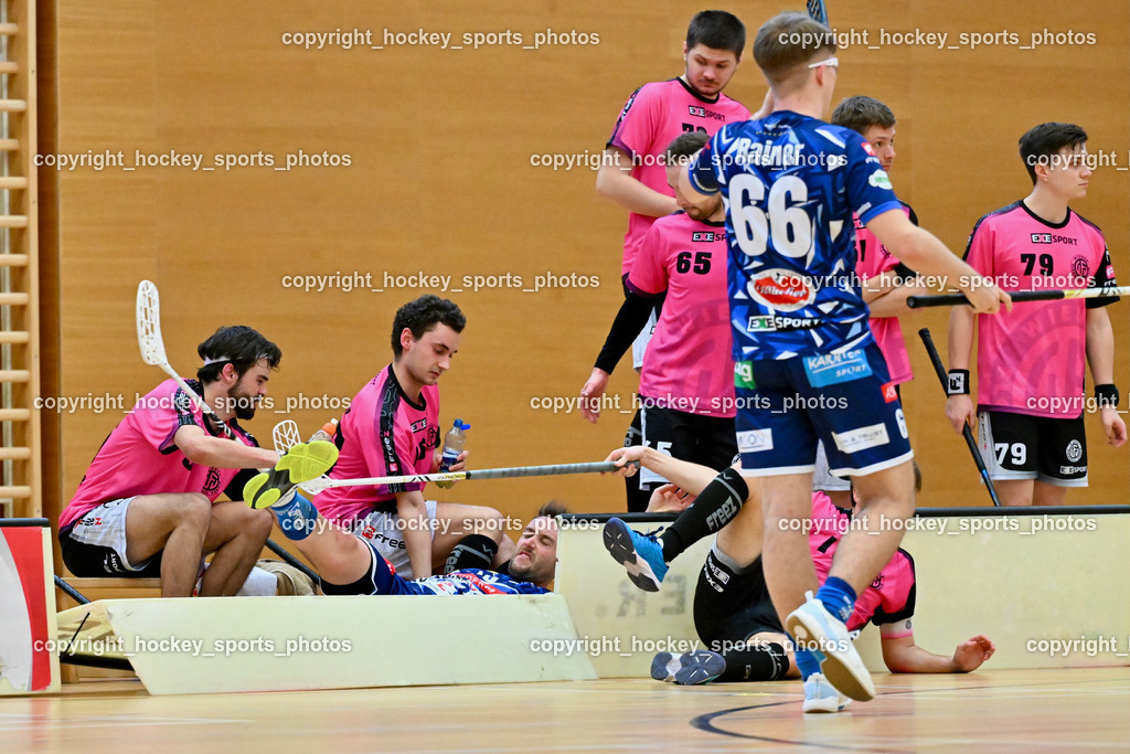 VSV Unihockey vs. Wiener Floorballferein 6.4.2024 | #5 Michael Kanduth VSV Unihockey, #66 Jakob Rainer VSV Unihockey, VSV Unihockey vs. Wiener Floorballferein 6.4.2024, VSV Unihockey vs. Wiener Floorballferein  am 06.04.2024 in Villach (Ballspielhalle St. Martin), Austria, (Photo by Bernd Stefan)