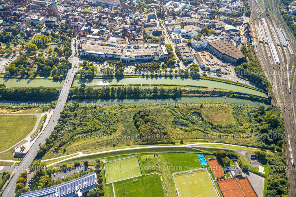 Hamm250901867 | Luftbild, Allee-Center Einkaufszentrum am Datteln-Hamm-Kanal und Fluss Lippe, Brücke Münsterstraße B63, Stadtbezirk Heessen, Hamm, Ruhrgebiet, Nordrhein-Westfalen, Deutschland