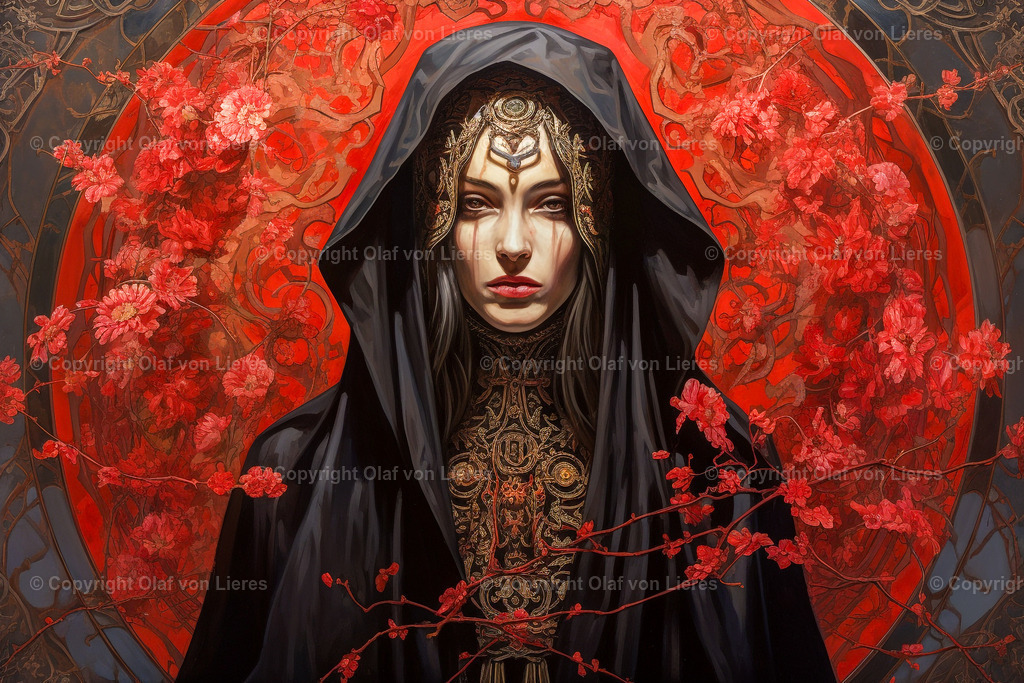 traurige Frauen | Frau mit roten Blüten