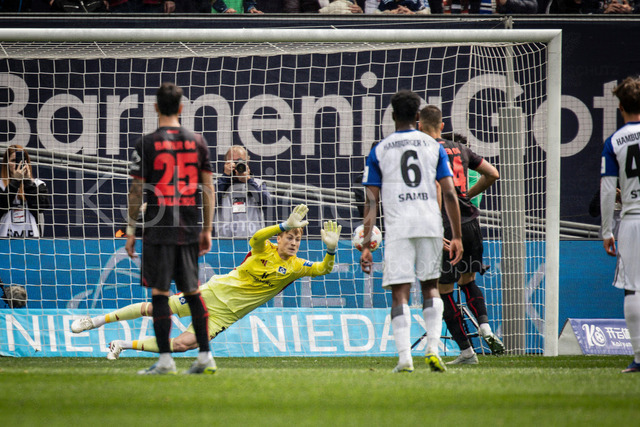 German Bundesliga, Bayer 04 Leverkusen vs. Hamburger SV, 16.05.2026 | LEVERKUSEN, GERMANY - MAY 16, 2026 : Keeper Sander Tangvik (Hamburger SV, 12) saves the penalty against Patrik Schick (Bayer 04 Leverkusen, 14) during the German Bundesliga match on gameday 34 between Bayer 04 Leverkusen vs. Hamburger SV at BayArena on May 16, 2026 in Leverkusen, Germany. DFL REGULATIONS PROHIBIT ANY USE OF PHOTOGRAPHS AS IMAGE SEQUENCES AND/OR QUASI-VIDEO.