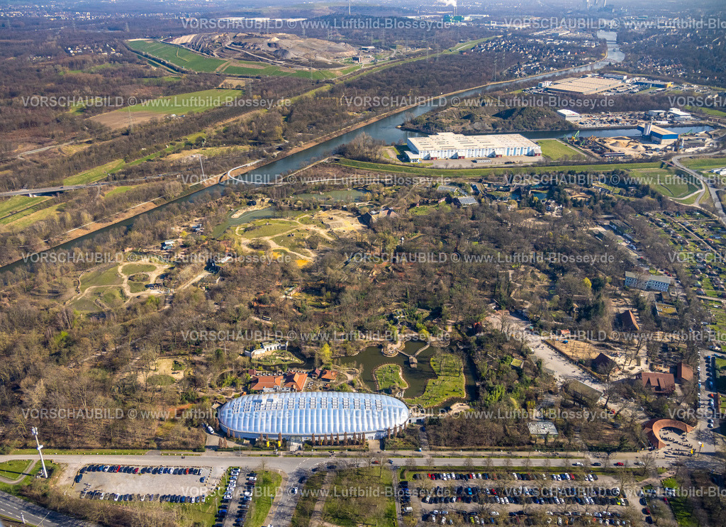 Gelsenkirchen240300620 | Luftbild, ZOOM Erlebniswelt, Zoo und Tierpark, Gesamtübersicht mit allen Erlebniswelten, dazu vorne das ELE Tropenparadies Tropenhalle mit Regenwald und tropischen Tier- und Pflanzenwelten, hinten der Rhein-Herne-Kanal und Hafen Grimberg, Bismarck, Gelsenkirchen, Ruhrgebiet, Nordrhein-Westfalen, Deutschland