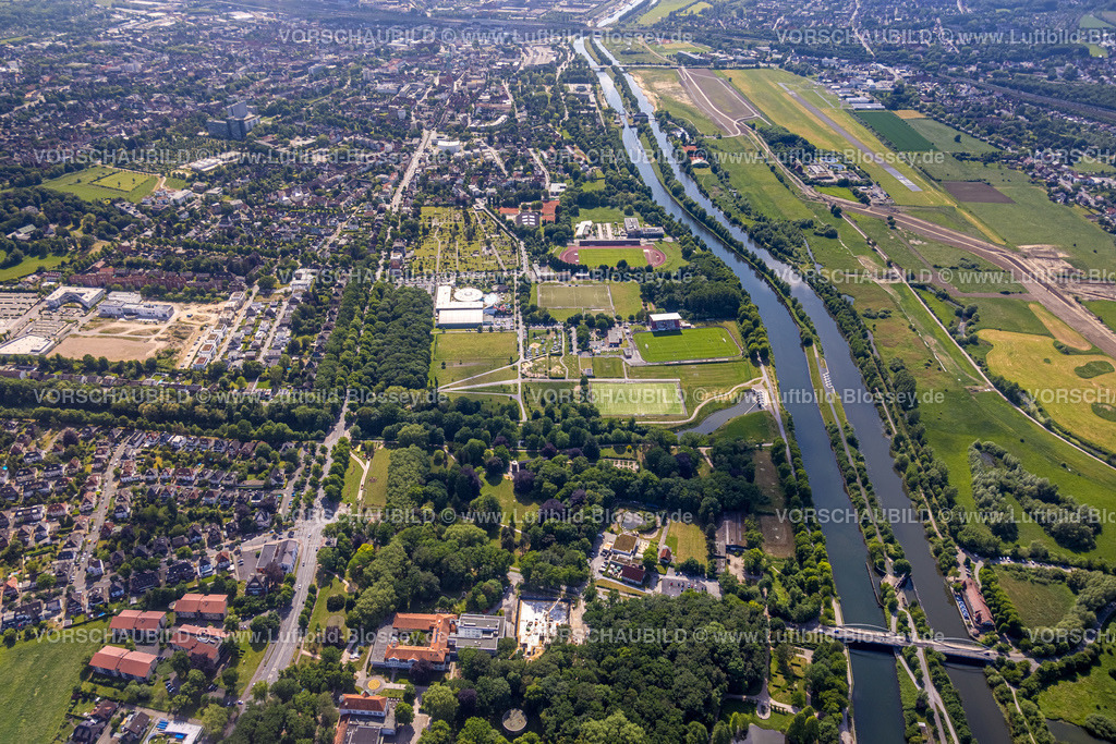 Hamm220504808 | Luftbild, Sportzentrum Ost mit Jahnstadion, Maximare Erlebnistherme Bad Hamm, Ostenfriedhof, Datteln-Hamm-Kanal, Fluss Lippe, Flugplatz, Mitte, Hamm, Ruhrgebiet, Nordrhein-Westfalen, Deutschland