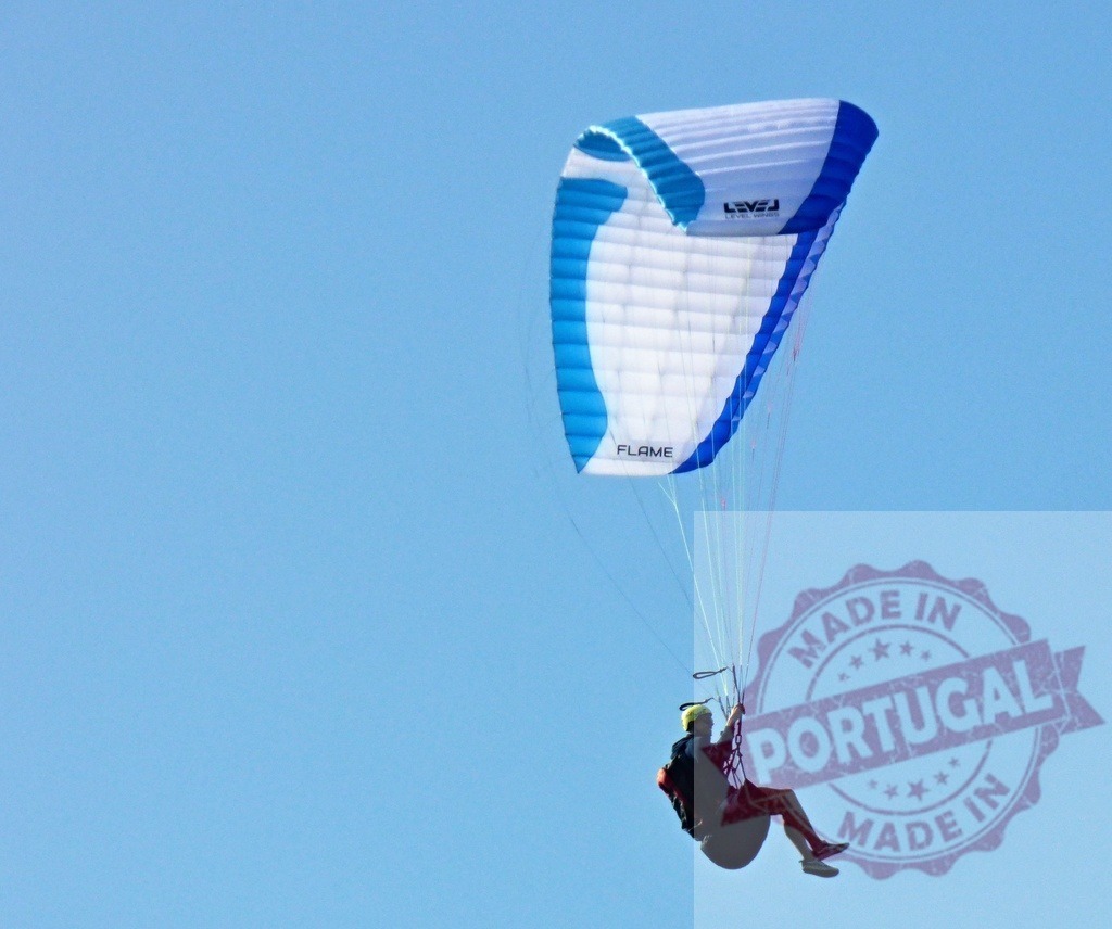 Paraglider flying in clear blue sky, enjoying freedom | Paraglider flying high with a white and blue parachute, performing extreme sports in a clear blue sky - Realisiert mit Pictrs.com