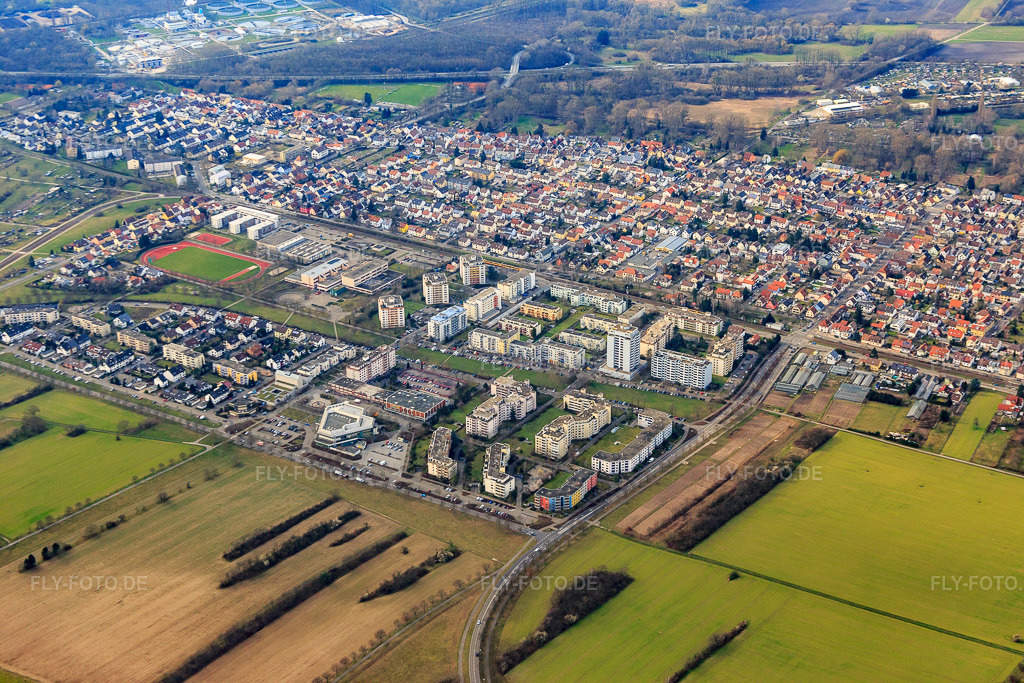 Luftbild: Dürerstr im Ortsteil Neureut in Karlsruhe im Bundesland Baden-Württemberg in Deutschland. Foto: IMG_086389.jpg vom 26.02.2016 durch Werner Riehm/FLY-FOTO.de