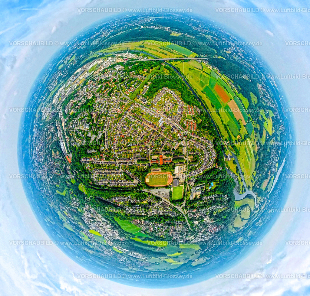 Hattingen250590326Welper | Luftbild, Ortsansicht Ortsteil Welper am Fluss Ruhr mit Ruhraue, Erdkugel, Fisheye Aufnahme, Fischaugen Aufnahme, 360 Grad Aufnahme, tiny world, little planet, fisheye Bild, Welper, Hattingen, Ruhrgebiet, Nordrhein-Westfalen, Deutschland