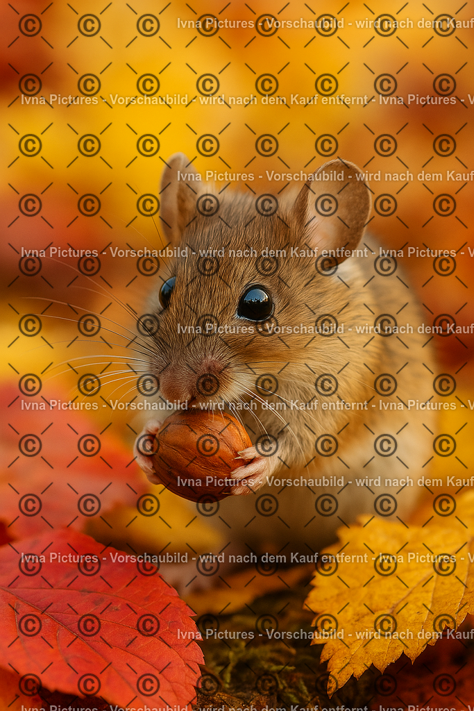 Maus im Herbstlaub | Eine kleine Maus hält eine Nuss fest in ihren Pfoten, umgeben von buntem Herbstlaub. Ihre glänzenden Augen verleihen der Szene einen besonders liebenswerten Charme. - Realisiert mit Pictrs.com
