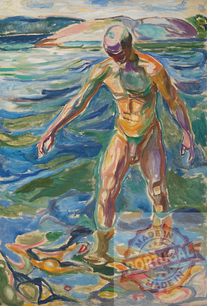 Edvard Munch man wading in colorful expressionist water | Edvard Munch Man standing nude in reflective shallow water, exploring the natural environment with vibrant colors - Realisiert mit Pictrs.com
