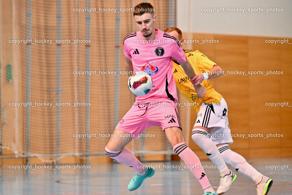 Carinthia Flamengo Futsal Club vs. FC Ljuti Krajisnici | #2 Faris Buljubasic Carinthia Flamengo, #27 Adnan Hodzic FC Ljuti Krajisnici, Carinthia Flamengo Futsal Club vs. FC Ljuti Krajisnici, Carinthia Flamengo Futsal Club vs. FC Ljuti Krajisnici am 05.01.2025 in Klagenfurt (Ballspielhalle Viktring), Austria, (Photo by Bernd Stefan)