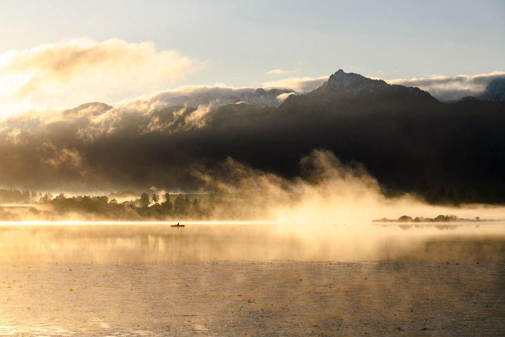Fischer am Hopfensee im Sonnenaufgang | Die Stimmung am Hopfensee war an diesem Morgen eigentlich sowieso schon perfekt - bis dann noch der Fischer kam und das Bild perfektionierte :-) Solche Sonnenaufgänge am Hopfensee sind typisch für den beginnenden Herbst und kaum an einem anderen See entsteht dieser wunderschön goldene Nebel.