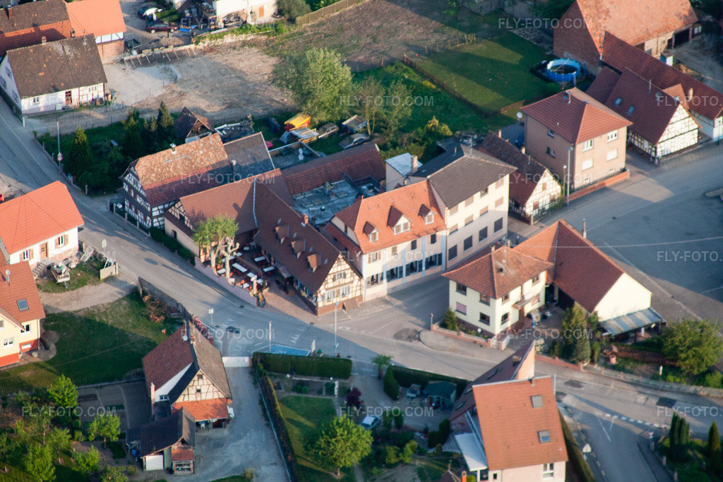 Aerial view: Restaurant Rose in Munchhausen in the state Bas-Rhin, France.Photo: IMG_40322.jpg taken on 04/22/2011 by Werner Riehm/FLY-FOTO.comResolution of the original: 4752 x 3168 px