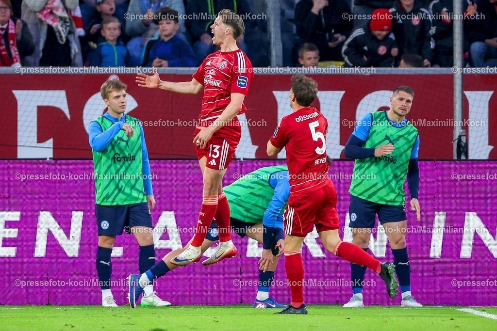 F9510042601088 | 10.04.2026, Fußball, Fortuna Düsseldorf - Holstein Kiel, 2. Fußball Bundesliga, Herren, Merkur Spiel-Arena, 29. Spieltag, Saison 2025 2026: Torjubel nach dem Tor zum 1:1 durch Torschütze Cedric Itten&nbsp;(Fortuna Düsseldorf #13)  zusammen mit  Moritz Heyer&nbsp;(Fortuna Düsseldorf #05)   DFB regulations prohibit any use of photographs as image sequences and or quasi-video.