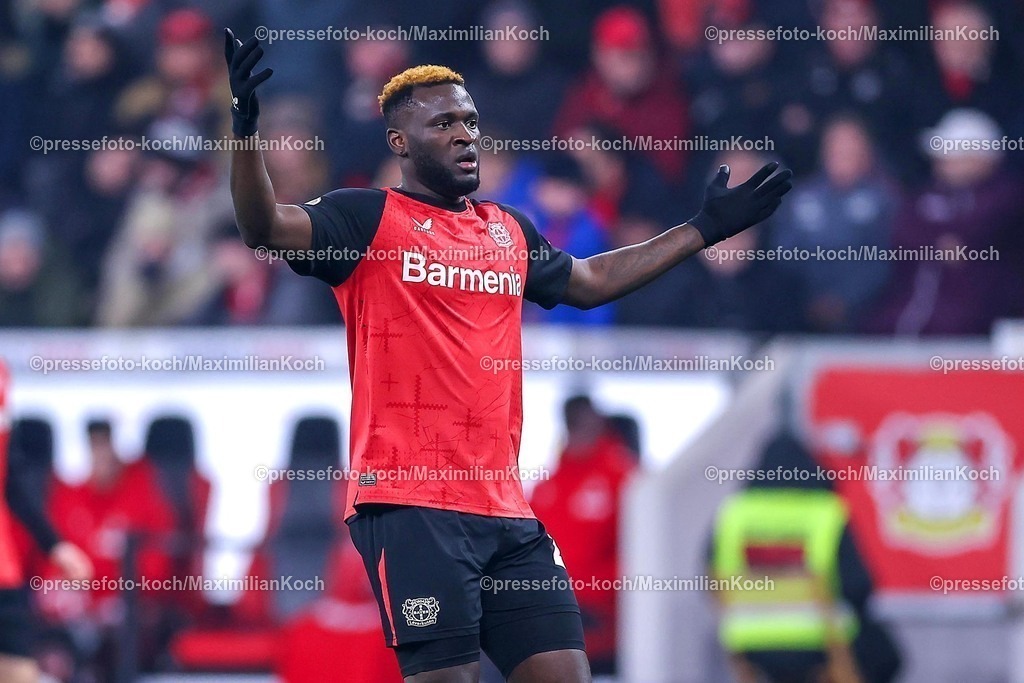 DFB05022502325 | 05.02.2025, Fußball, DFB-Pokal Viertelfinale, Bayer 04 Leverkusen - 1.FC Köln, BayArena, Saison 2024 2025: Victor Boniface (Bayer04 Leverkusen #22) gestikulierendDFB regulations prohibit any use of photographs as image sequences and or quasi-video.
