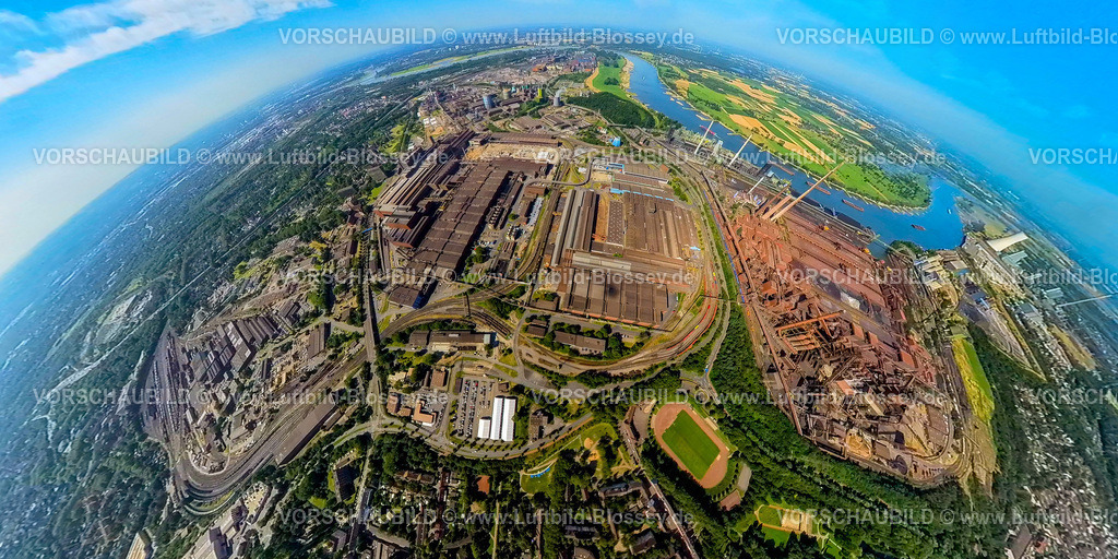 Duisburg230790199_ThyssenKruppSteel | Luftbild, Thyssenkrupp Steel Europe AG, Erdkugel, Fisheye Aufnahme, Fischaugen Aufnahme, 360 Grad Aufnahme, tiny world, Marxloh, Duisburg, Ruhrgebiet, Nordrhein-Westfalen, Deutschland
