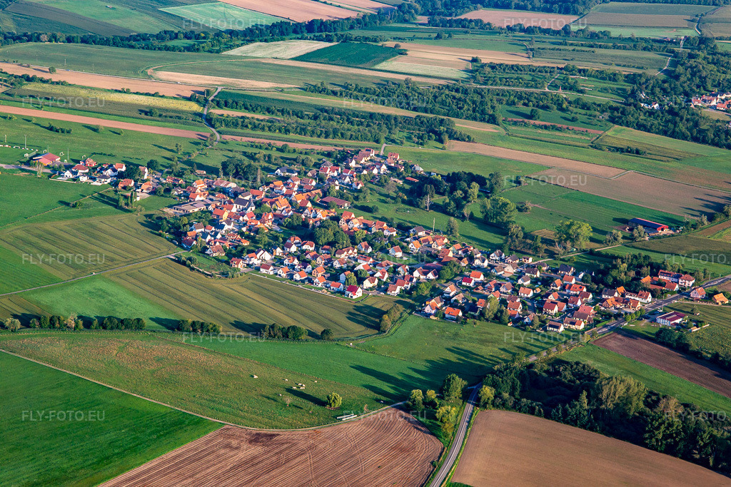 Vue aérienne: Vue de la ville depuis le sud-est à Hegeney dans le département Bas Rhin, France. Photo: IMG_138082.jpg prise le 19/08/2023 par Werner Riehm/FLY-FOTO.eu – Résolution de l'original: 5472 x 3648 px