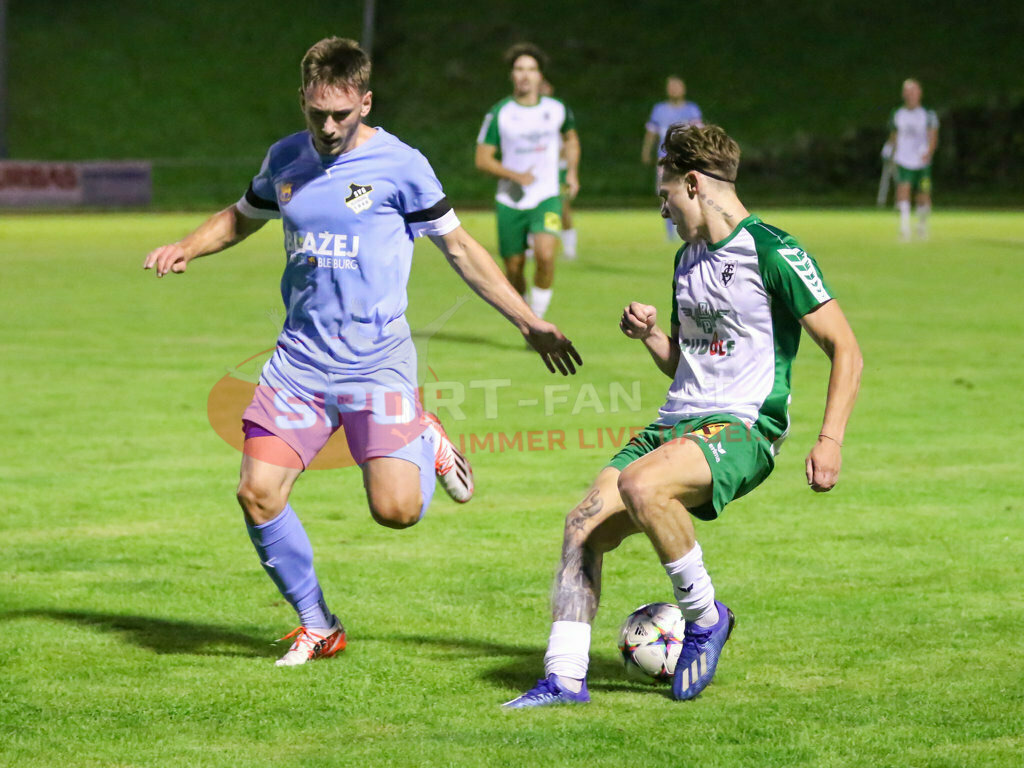 VST Völkermarkt - SVG Bleiburg 2-2, Kärntner Liga 2. Runde | Raphael Kulterer (VST Völkermark #20) Alen Martinovic (SVG Bleiburg #18) VST Völkermarkt - SVG Bleiburg 2-2 am 08.08.2023 in Völkermarkt
(Lilienberg Arena), Austria, (Photo by Ernst Krawagner sport-fan.at) - Realisiert mit Pictrs.com