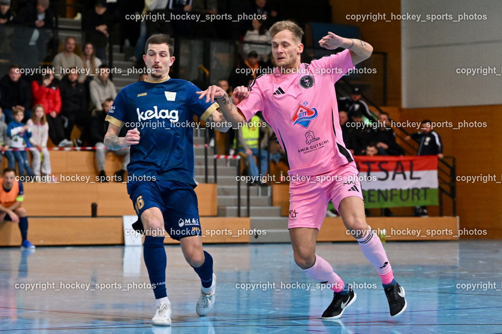 Carinthia Flamengo Futsal Club vs. Futsal Klagenfurt | #16 Marcel Vindis Futsal Klagenfurt, #44 Miha Kostanjsek Carinthia Flamengo, Carinthia Flamengo Futsal Club vs. Futsal Klagenfurt, Carinthia Flamengo Futsal Club vs. Futsal Klagenfurt am 01.12.2024 in Klagenfurt (Ballspielhalle Viktring), Austria, (Photo by Bernd Stefan)