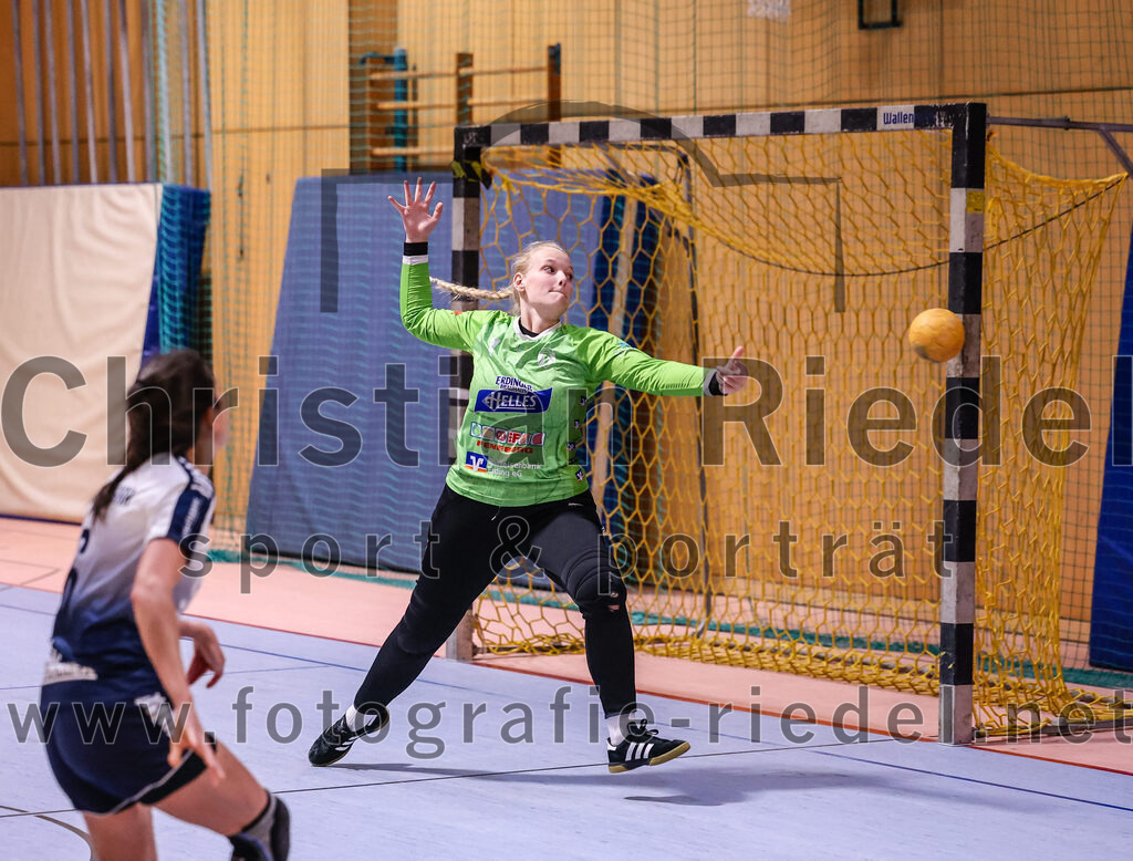 2024-11-24_035_SpVgg_Altenerding_gegen_HC_Donau-Paar_II | Erding, Deutschland, 24.11.2024:Handball, Bezirksoberliga Frauen Altbayern 2024 / 2024, 6. Spieltag, SpVgg Altenerding gegen HC Donau/Paar II, Endergebnis: 24:24Svenja Sandgruber (HC Donau/Paar, #6), Torfrau Hanna Obermair (SpVgg Altenerding, #1)Foto: Christian Riedel / fotografie-riedel.net