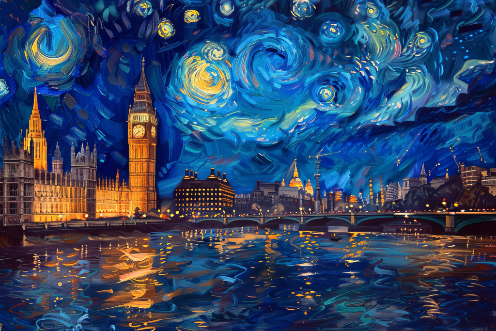10260815 - Londoner Sternennacht | Nächtliches London im Stil eines Gemäldes, das an Van Gogh erinnert. Erhältlich als hochwertiges Wandbild auf Leinwand, Acrylglas, Alu-Dibond oder als Poster, einfach über "Bestellen" konfigurieren.