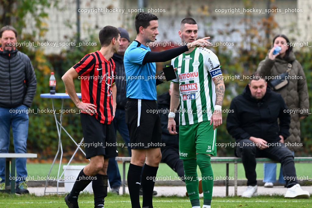 SV Donau vs. FC Nussdorf Debant | #7 Aleksandar Simic FC Nussdorf Debant, Edis Skalic Referee, #24 Zoran Vukovic SV Donau, SV Donau vs. FC Nussdorf Debant, SV Donau vs. FC Nussdorf Debant am 08.11.2025 in Klagenfurt (Sportplatz Donau), Austria, (Photo by Bernd Stefan)