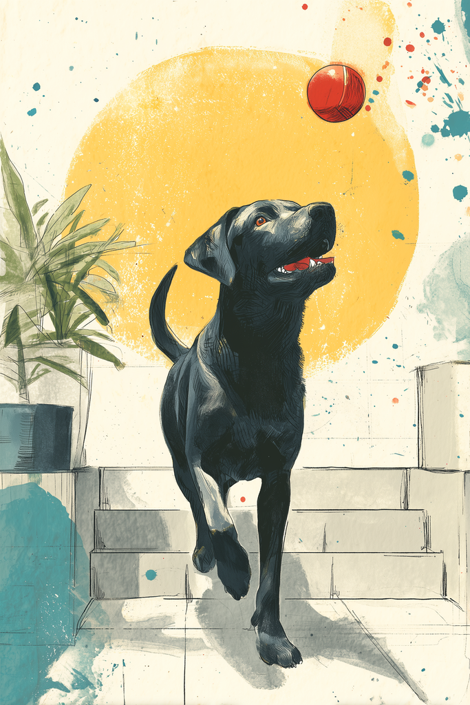 Poster: Urban Labs – Treppen-Sprung – Labrador jagt den Ball | Bewegtes Treppen-Motiv mit schwarzem Labrador, Aquarellsprenkeln und warmem Kreis als Kontrast. - Realisiert mit Pictrs.com