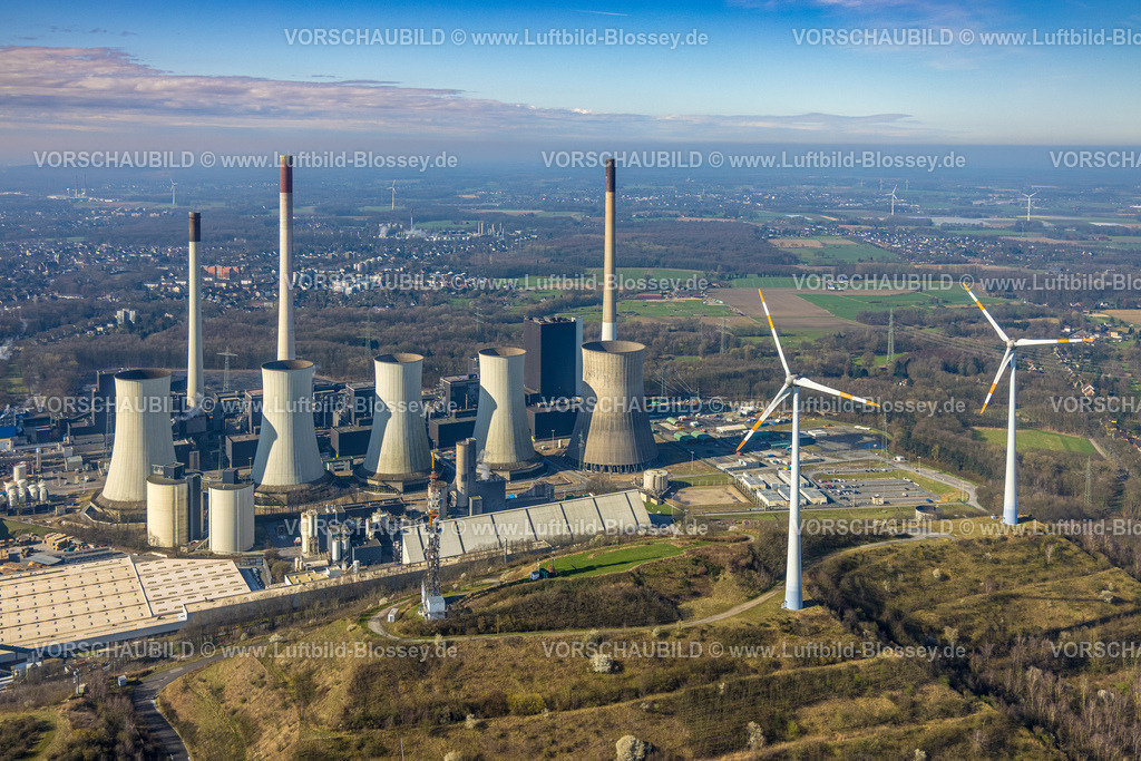 Gelsenkirchen240300156 | Luftbild, Uniper Kraftwerke Scholven, Schornsteine und Kühltürme, Windräder und Fernsicht, Scholven, Gelsenkirchen, Ruhrgebiet, Nordrhein-Westfalen, Deutschland