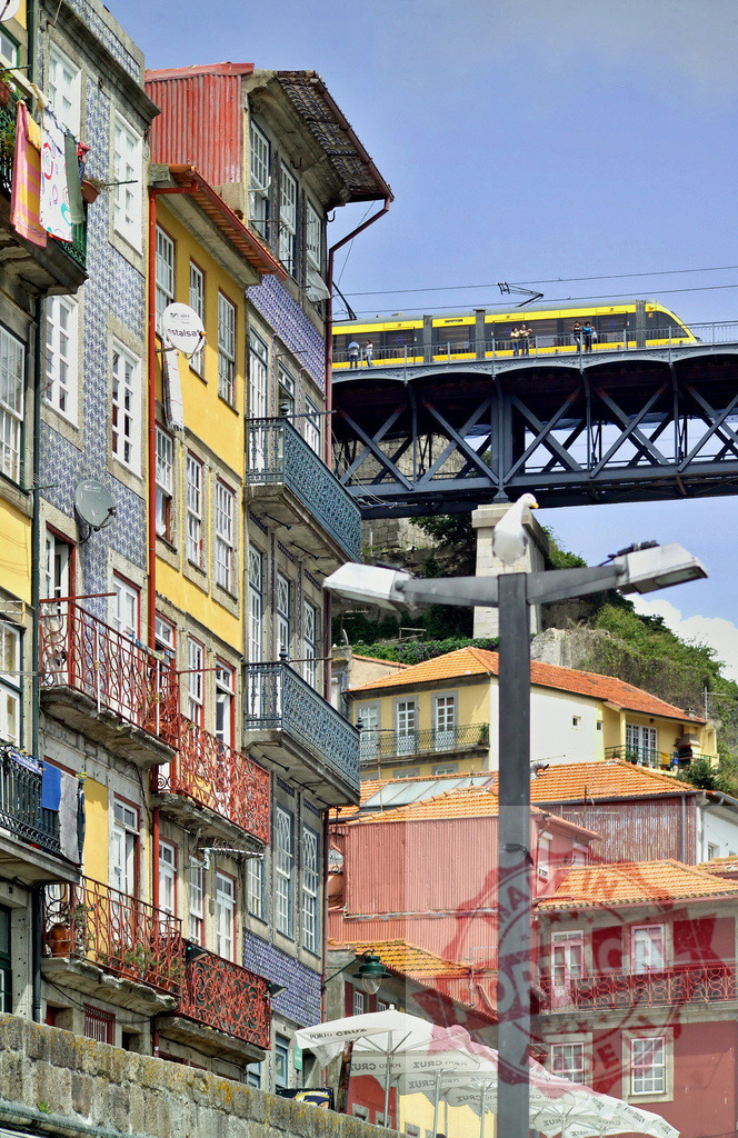 Porto riverside traditional buildings with train crossing Dom Luís I Bridge | Colorful homes lining the Douro River, with a train passing over the iconic Dom Luís I Bridge - Realized with Pictrs.com
