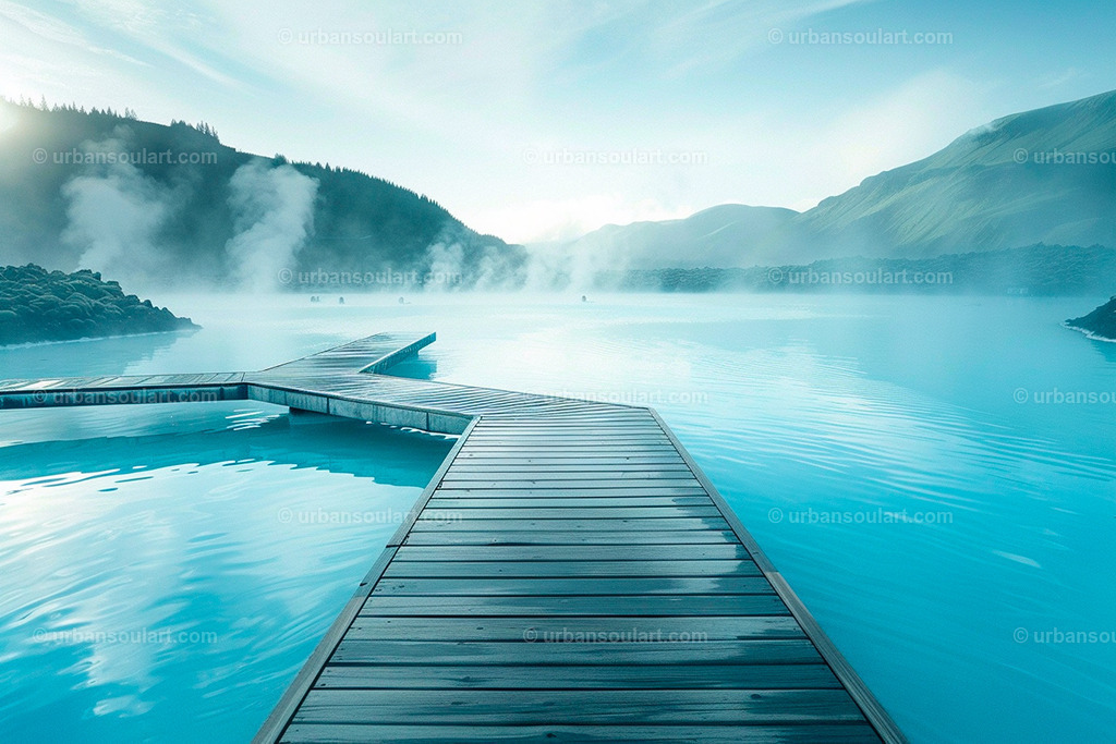 Iceland Lagoon With Rising Water Steam | An atmospheric shot of Iceland’s thermal lagoons, where steaming hot waters contrast against cool, crisp air. This artwork is perfect for creating a soothing and unique vibe, capturing the mystery and allure of Iceland’s famous geothermal waters. - Realisiert mit Pictrs.com