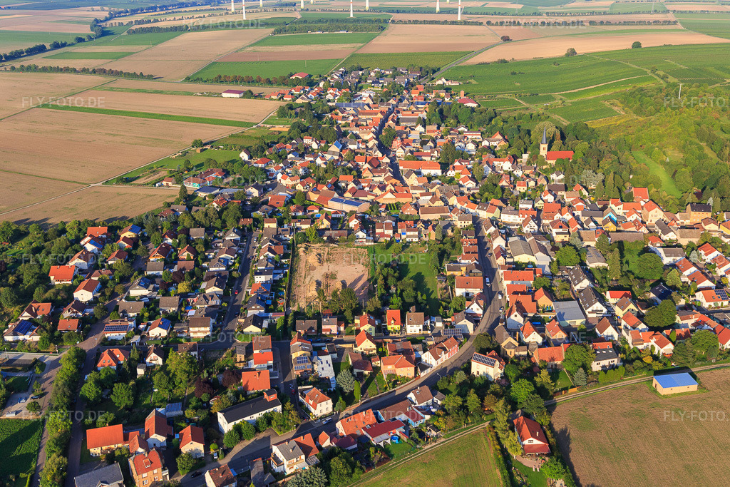 Luftbild: Ortsansicht von Westen im Ortsteil Heßloch in Dittelsheim-Heßloch im Bundesland Rheinland-Pfalz in Deutschland. Foto: IMG_103151.jpg vom 29.08.2017 durch Werner Riehm/FLY-FOTO.de