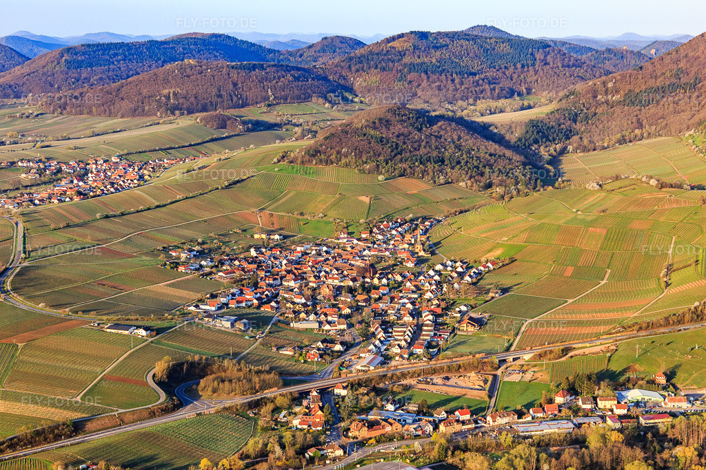 Luftbild: Ortsansicht aus Nordosten in Birkweiler im Bundesland Rheinland-Pfalz in Deutschland. Foto: IMG_126275.jpg vom 04.04.2021 durch Werner Riehm/FLY-FOTO.de