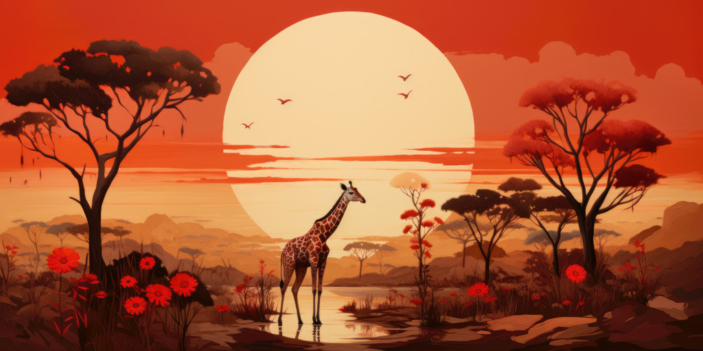 2307202 - Savanne in rot | Illustratives Wandbild einer Savannenlandschaft bei untergehender Sonne.