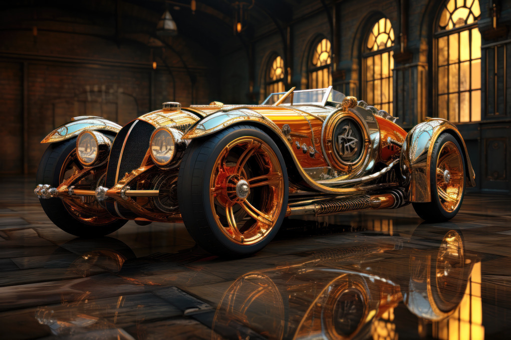 2308035 - Prunkvolles Steampunk Auto | Bestellen Sie dieses digitale Motiv eins prunkvollen Steampunk Oldtimers als hochwertigen Kunstdruck auf Leinwand, Acrylglas, Alu-Dibond oder als Poster.