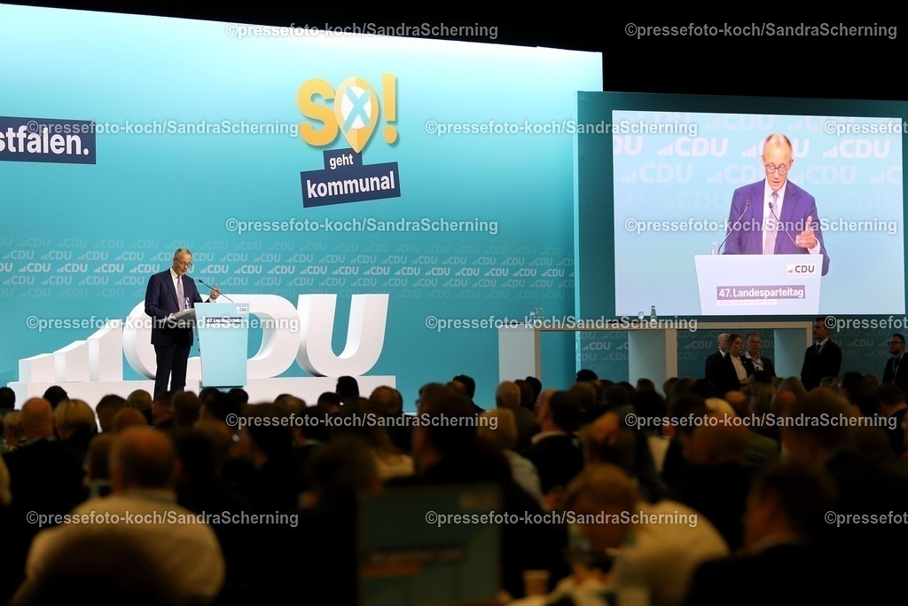 xsscx30082502024 | 30.08.2025, xsscx, Bundeskanzler Friedrich Merz der Bundesrepublik Deutschland auf dem 47. Landesparteitag der CDU Nordrhein-Westfalen mit dem Motto - SO! geht kommunal - im World Conference Center in Bonn Nordrhein-Westfalen Deutschland