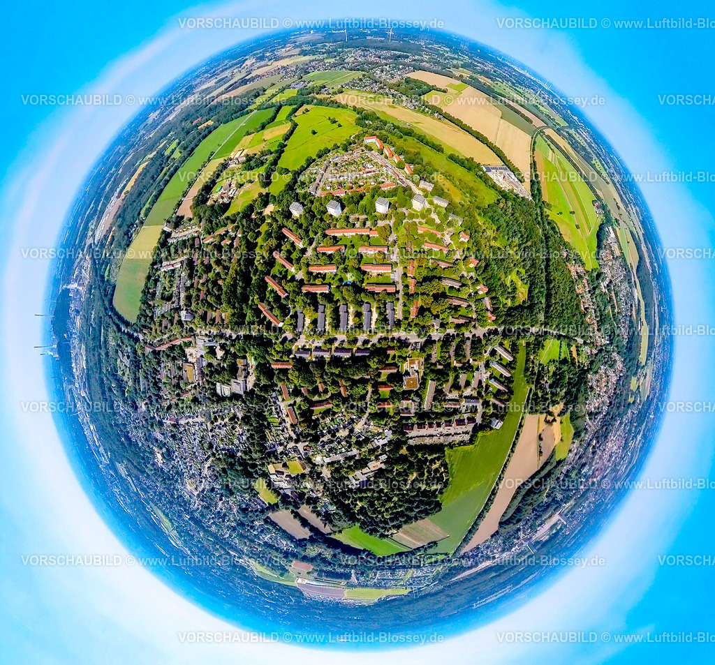 Gelsenkirchen240890564Hassel-Nord | Luftbild,  Ortsteil Ortsansicht Hassel-Nord, Wohngebiet Hochhäuser und Mietshäuser-Reihenhäuser, Erdkugel, Fisheye Aufnahme, Fischaugen Aufnahme, 360 Grad Aufnahme, tiny world, little planet, fisheye Bild, Hassel, Gelsenkirchen, Ruhrgebiet, Nordrhein-Westfalen, Deutschland