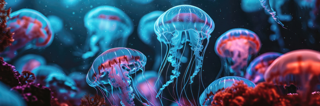 2401027 - Quallenpanorama | Unterwassermotiv mit vielen leuchtenden Quallen im Stil einer Fotografie.