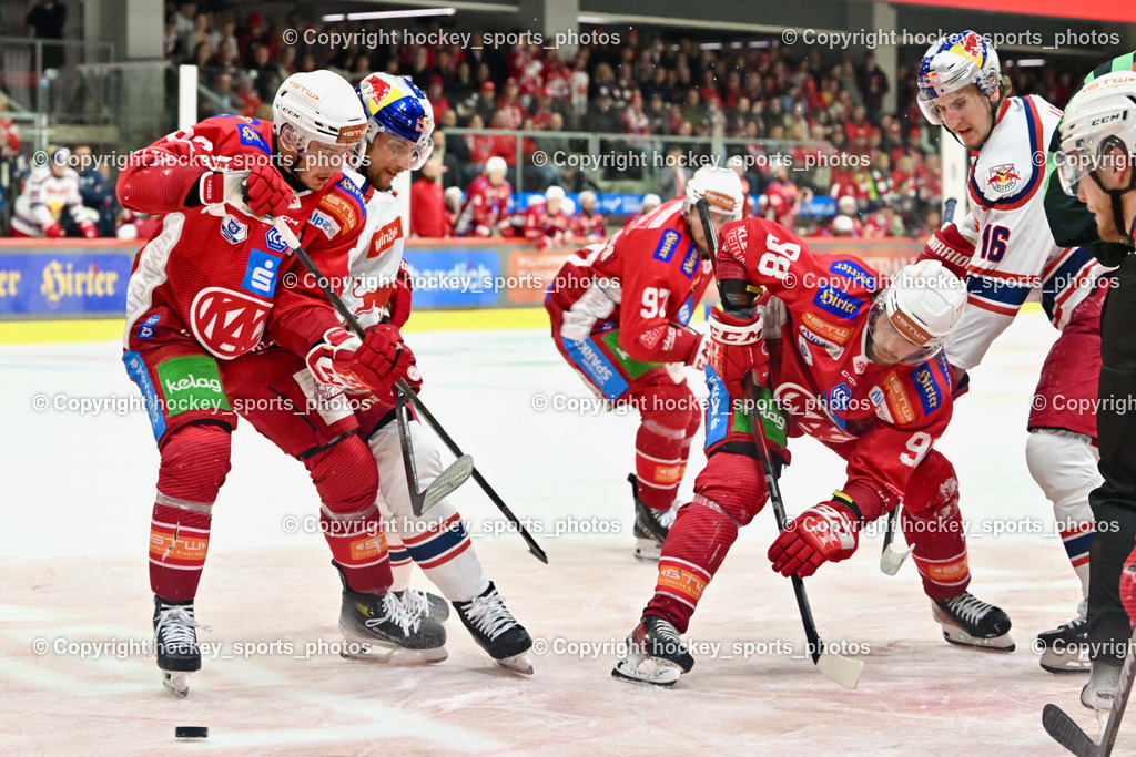 EC KAC vs. EC Red Bull Salzburb | #92 Unterweger Clemens EC KAC, #98 Obersteiner Daniel EC KAC, #16 Auer Luca EC RED BULL SALZBURG,  EC KAC vs. EC Red Bull Salzburb, EC KAC vs. EC Red Bull Salzburb am 04.04.2025 in Klagenfurt (Heidi Horten Arena), Austria, (Photo by Bernd Stefan)