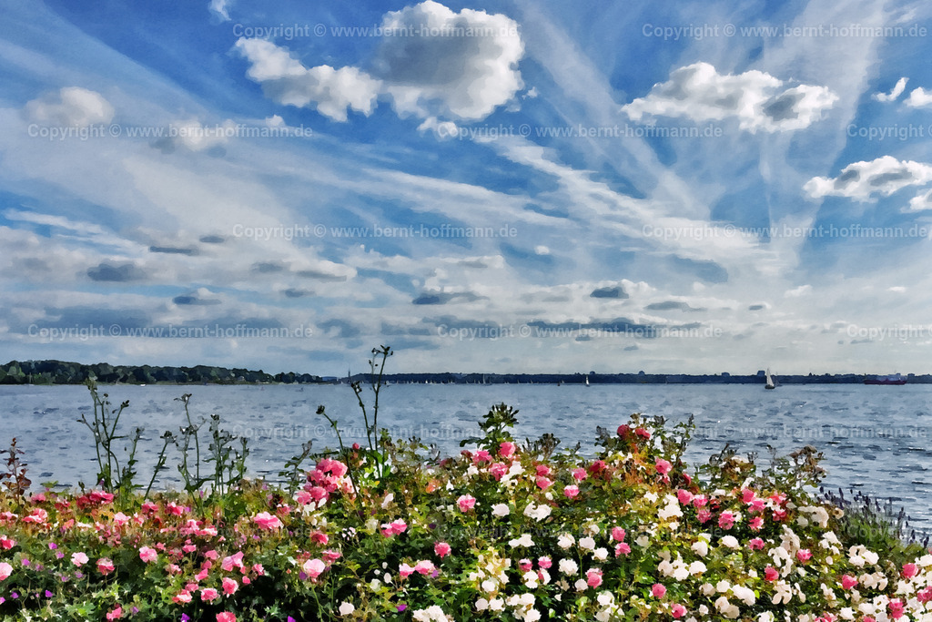 PDM2_5907_Heikendorf-Ufer_150x100 | DIGITALKUNST. Sommer an der Kieler Förde. __ Blumenbeet an der Promenade von Heikendorf. Ausblick Richtung Süden in die Kieler Innenförde. __ Seitenverhältnis = 3 zu 2. - Realisiert mit Pictrs.com