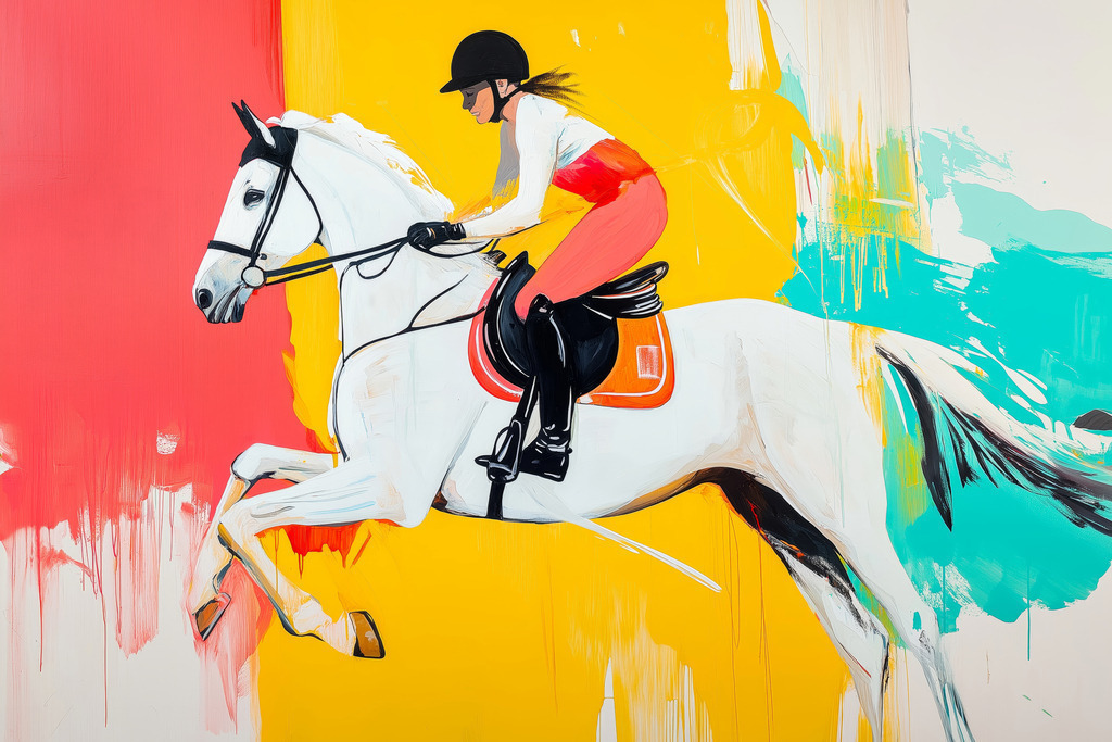 2502043 - Springreiterin | Modernes Wandbild im Stil eines Gemäldes. Bestellen Sie dieses Motiv als hochwertigen Kunstdruck auf Leinwand, hinter Acrylglas, auf Alu-Dibond oder auch als Poster. 